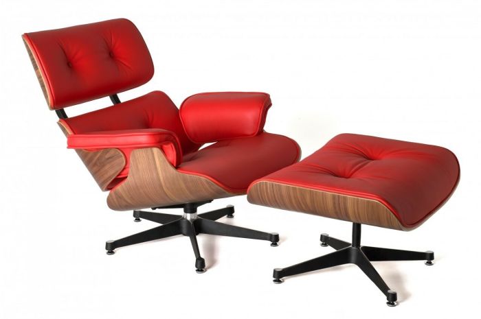 Eames styl EA670 | Krzesło pokładowe z taboretem SPECIAL EDITION czerwony jesion