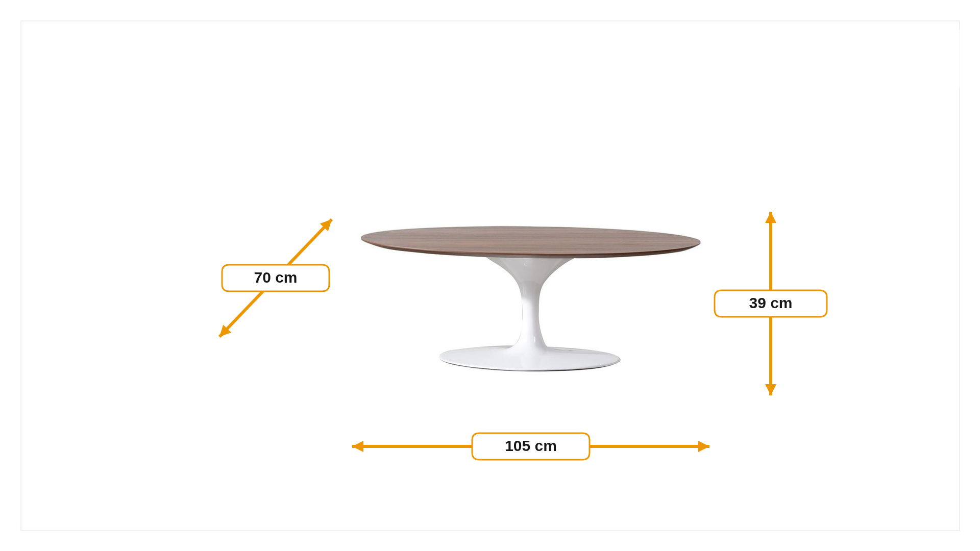 Product dimensions for Coffee table Tulip Table Oval Top walnut Base white