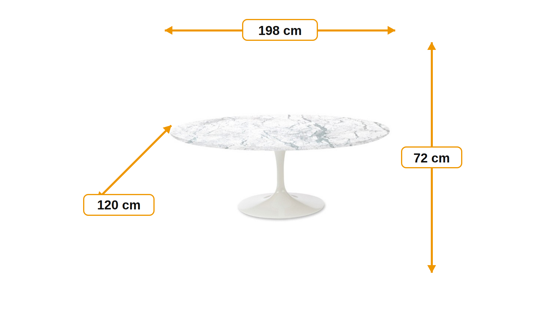 Abmessungen von Esstisch Tulip Table Oval Top Marmor weiß Basis weiß