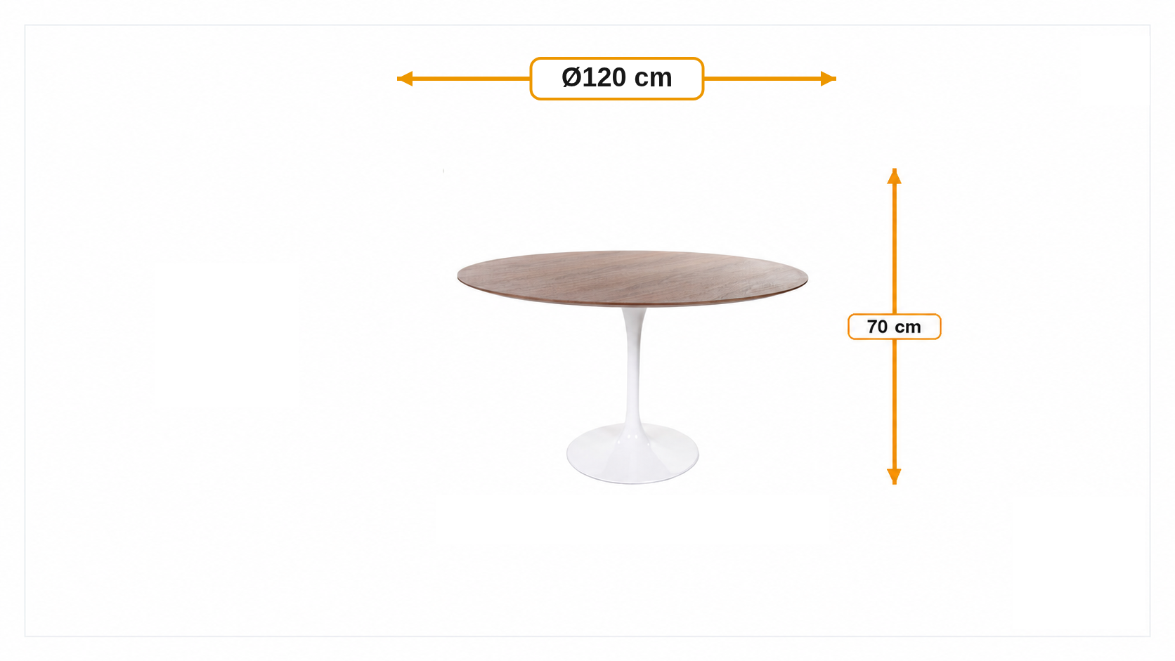 Abmessungen von Esstisch Tulip Table 120cm Platte Nussbaum Basis weiß
